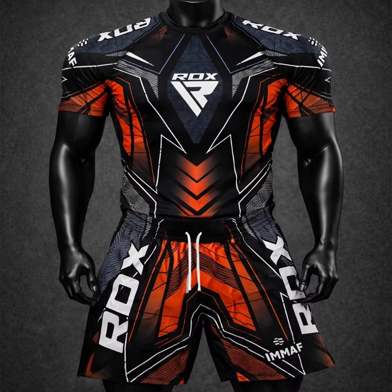Sports Equipment Set - レッドニューファイティングナイト RDX MMA 八角形ケージボクシング Tシャツセット男性フィットネストレーニングランニングスポーツセット通気性速乾セット