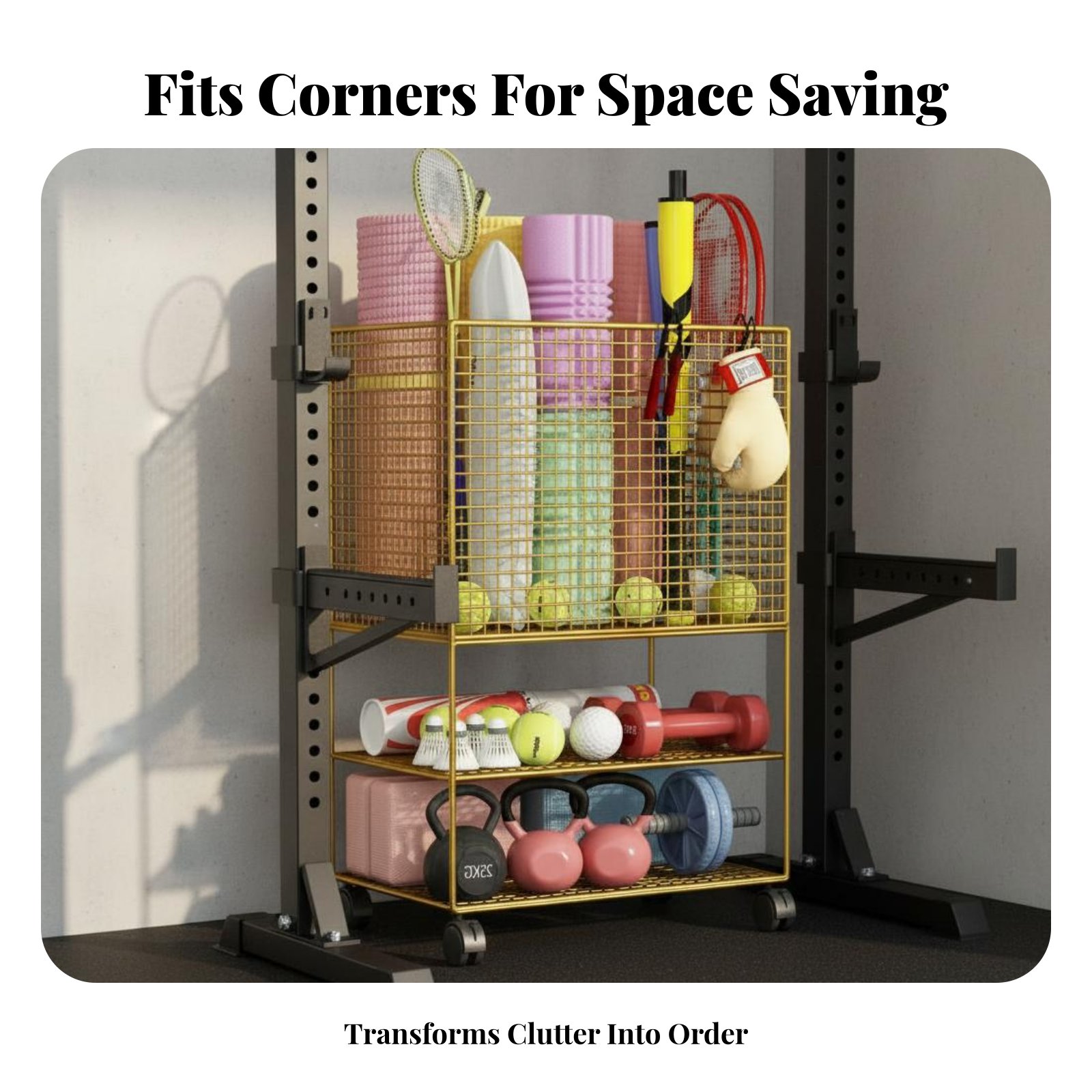 Sports Equipment Trolley - エクササイズマット収納ラック（ホイール付き）エクササイズマットホルダースタンドローリングフィットネスカート頑丈なローリングスポーツ用品カート