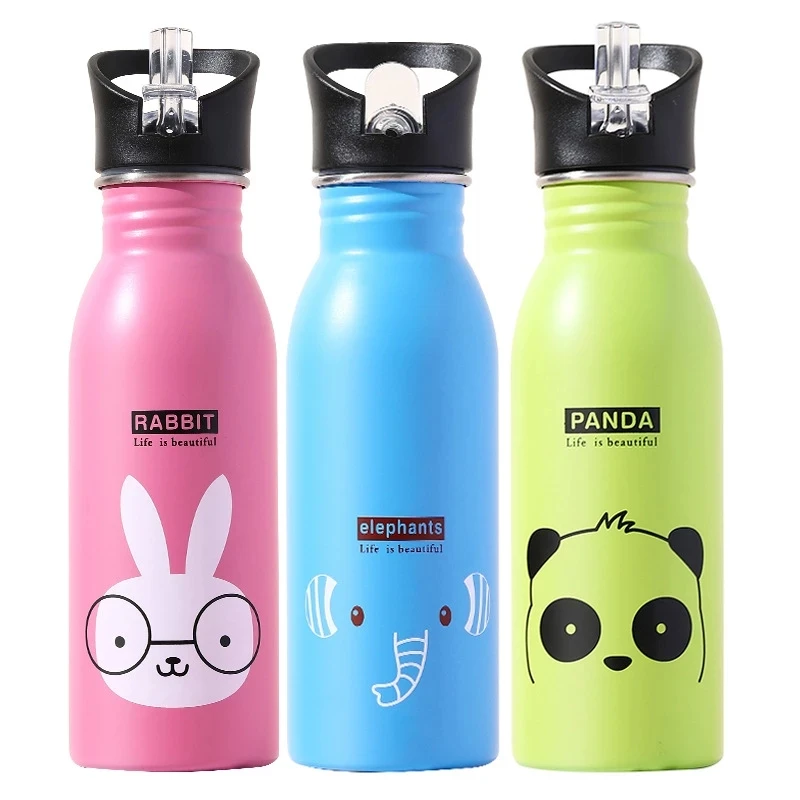Sports Equipment Stores - 500ML ステンレス鋼製ウォーターボトル ストロー付き かわいいウォーターボトル 子供用スポーツボトル 漏れ防止