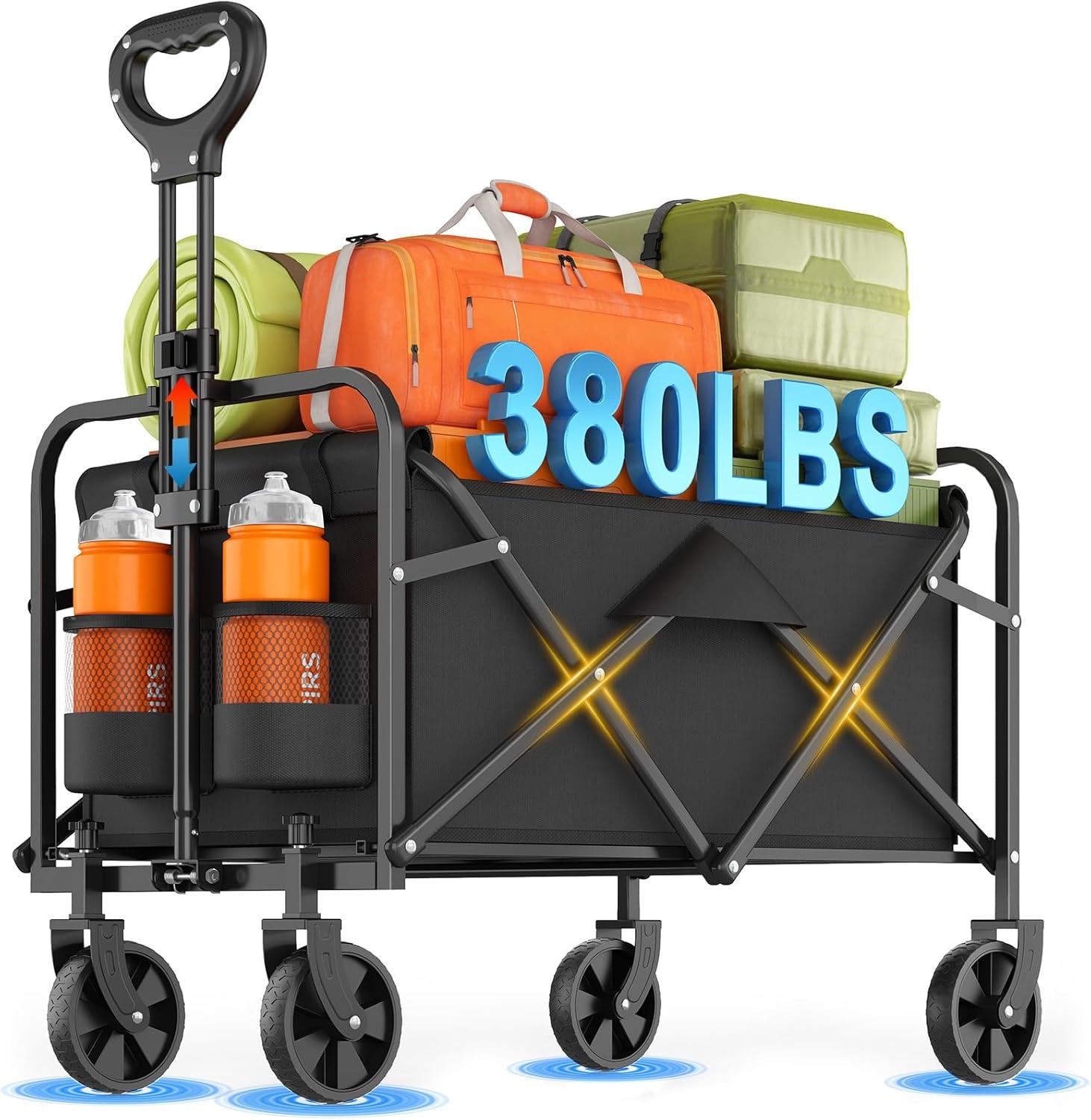 Sports Equipment Trolley - 380LBS耐荷重オールテレーンヘビーデューティー折りたたみカート、大容量キャンピングカート、庭での買い物/スポーツ/アウトドア/園芸用品の運搬に最適、黒色多機能ユーティリティカート