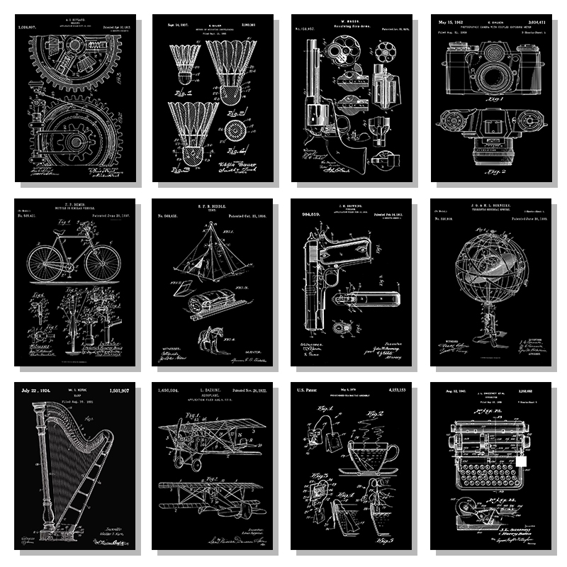 特許黒と白のポスターヴィンテージ楽器スポーツ用品銃描画キャン - Sports Equipment Drawing のレビューと価格